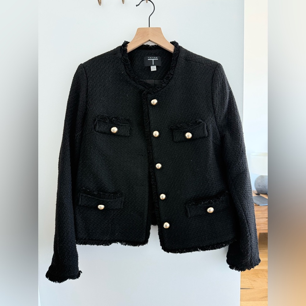 Tahari Black Tweed Jacket with Gold Buttons